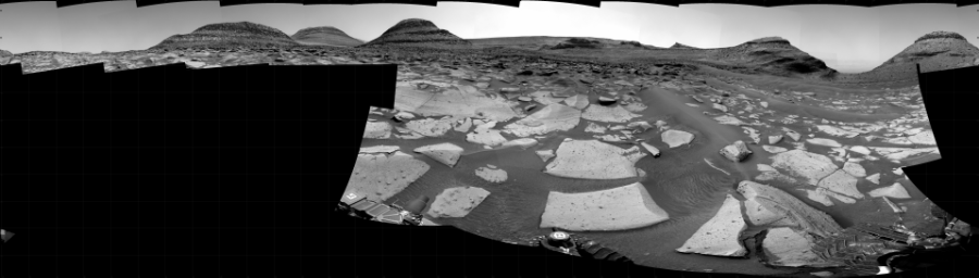 NASA's Mars rover Curiosity took 23 images in Gale Crater using its mast-mounted Right Navigation Camera (Navcam) to create this mosaic. The seam-corrected mosaic provides a 360-degree cylindrical projection panorama of the Martian surface centered at 199 degrees azimuth (measured clockwise from north). Curiosity took the images on September 01, 2022, Sol 3579 of the Mars Science Laboratory mission at drive 1020, site number 97. The local mean solar time for the image exposures was from 1 PM to 2 PM. Each Navcam image has a 45 degree field of view. CREDIT: NASA/JPL-Caltech