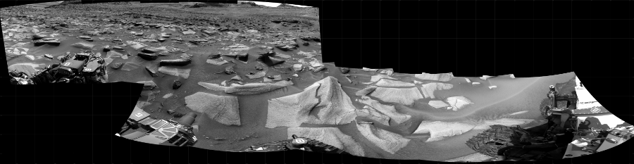 NASA's Mars rover Curiosity took 12 images in Gale Crater using its mast-mounted Right Navigation Camera (Navcam) to create this mosaic. The seam-corrected mosaic provides a 331-degree cylindrical projection panorama of the Martian surface centered at 287 degrees azimuth (measured clockwise from north). Curiosity took the images on September 02, 2022, Sol 3580 of the Mars Science Laboratory mission at drive 1170, site number 97. The local mean solar time for the image exposures was 2 PM. Each Navcam image has a 45 degree field of view. CREDIT: NASA/JPL-Caltech