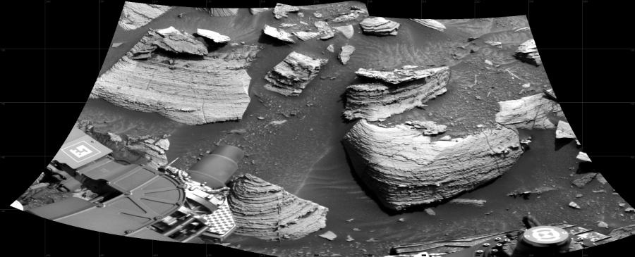 NASA's Mars rover Curiosity took 2 images in Gale Crater using its mast-mounted Right Navigation Camera (Navcam) to create this mosaic. The seam-corrected mosaic provides a 118-degree cylindrical projection panorama of the Martian surface centered at 191 degrees azimuth (measured clockwise from north). Curiosity took the images on September 16, 2022, Sol 3594 of the Mars Science Laboratory mission at drive 1284, site number 97. The local mean solar time for the image exposures was 3 PM. Each Navcam image has a 45 degree field of view. CREDIT: NASA/JPL-Caltech