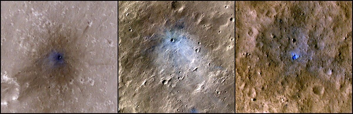 This collage shows three other meteoroid impacts that were detected by the seismometer on NASA’s InSight lander and captured by the agency’s Mars Reconnaissance Orbiter using its HiRISE camera.