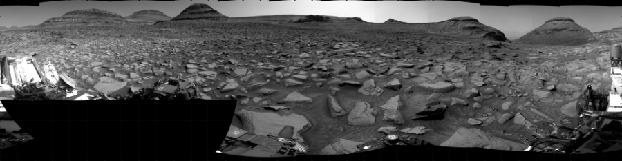 NASA's Mars rover Curiosity took 31 images in Gale Crater using its mast-mounted Right Navigation Camera (Navcam) to create this mosaic. The seam-corrected mosaic provides a 360-degree cylindrical projection panorama of the Martian surface centered at 230 degrees azimuth (measured clockwise from north). Curiosity took the images on September 23, 2022, Sol 3601 of the Mars Science Laboratory mission at drive 1626, site number 97. The local mean solar time for the image exposures was from 3 PM to 4 PM. Each Navcam image has a 45 degree field of view. CREDIT: NASA/JPL-Caltech