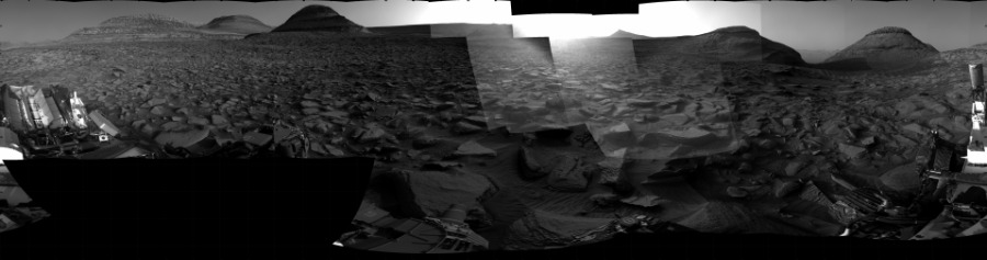 NASA's Mars rover Curiosity took 31 images in Gale Crater using its mast-mounted Right Navigation Camera (Navcam) to create this mosaic. The seam-corrected mosaic provides a 360-degree cylindrical projection panorama of the Martian surface centered at 230 degrees azimuth (measured clockwise from north). Curiosity took the images on September 25, 2022, Sol 3603 of the Mars Science Laboratory mission at drive 1632, site number 97. The local mean solar time for the image exposures was 6 PM. Each Navcam image has a 45 degree field of view. CREDIT: NASA/JPL-Caltech