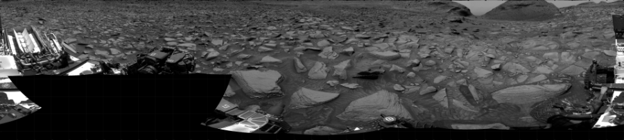 NASA's Mars rover Curiosity took 19 images in Gale Crater using its mast-mounted Right Navigation Camera (Navcam) to create this mosaic. The seam-corrected mosaic provides a 360-degree cylindrical projection panorama of the Martian surface centered at 250 degrees azimuth (measured clockwise from north). Curiosity took the images on September 30, 2022, Sol 3608 of the Mars Science Laboratory mission at drive 1734, site number 97. The local mean solar time for the image exposures was 1 PM. Each Navcam image has a 45 degree field of view. CREDIT: NASA/JPL-Caltech