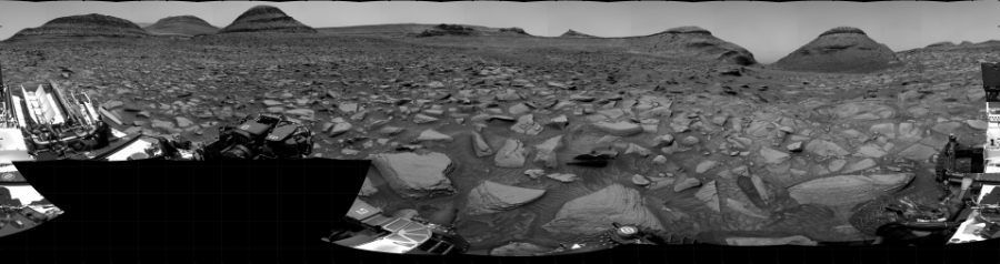 NASA's Mars rover Curiosity took 31 images in Gale Crater using its mast-mounted Right Navigation Camera (Navcam) to create this mosaic. The seam-corrected mosaic provides a 360-degree cylindrical projection panorama of the Martian surface centered at 250 degrees azimuth (measured clockwise from north). Curiosity took the images on October 01, 2022, Sols 3609-3608 of the Mars Science Laboratory mission at drive 1734, site number 97. The local mean solar time for the image exposures was 1 PM. Each Navcam image has a 45 degree field of view. CREDIT: NASA/JPL-Caltech
