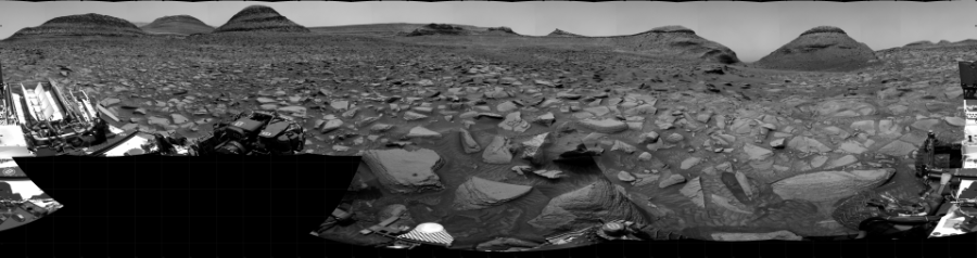 NASA's Mars rover Curiosity took 34 images in Gale Crater using its mast-mounted Right Navigation Camera (Navcam) to create this mosaic. The seam-corrected mosaic provides a 360-degree cylindrical projection panorama of the Martian surface centered at 250 degrees azimuth (measured clockwise from north). Curiosity took the images on October 04, 2022, Sols 3612-3608 of the Mars Science Laboratory mission at drive 1734, site number 97. The local mean solar time for the image exposures was 1 PM. Each Navcam image has a 45 degree field of view. CREDIT: NASA/JPL-Caltech
