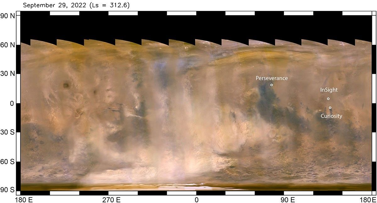 The beige clouds seen in this global map of Mars are a continent-size dust storm captured on Sept. 29, 2022, by the Mars Climate Imager camera aboard NASA’s Mars Reconnaissance Orbiter.