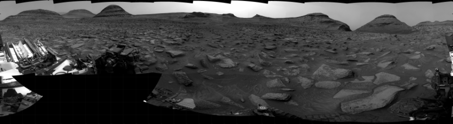 NASA's Mars rover Curiosity took 31 images in Gale Crater using its mast-mounted Right Navigation Camera (Navcam) to create this mosaic. The seam-corrected mosaic provides a 360-degree cylindrical projection panorama of the Martian surface centered at 252 degrees azimuth (measured clockwise from north). Curiosity took the images on October 19, 2022, Sol 3626 of the Mars Science Laboratory mission at drive 1918, site number 97. The local mean solar time for the image exposures was from 3 PM to 4 PM. Each Navcam image has a 45 degree field of view. CREDIT: NASA/JPL-Caltech