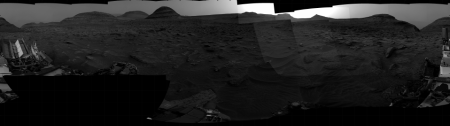 NASA's Mars rover Curiosity took 31 images in Gale Crater using its mast-mounted Right Navigation Camera (Navcam) to create this mosaic. The seam-corrected mosaic provides a 360-degree cylindrical projection panorama of the Martian surface centered at 206 degrees azimuth (measured clockwise from north). Curiosity took the images on October 21, 2022, Sol 3628 of the Mars Science Laboratory mission at drive 2140, site number 97. The local mean solar time for the image exposures was 5 PM. Each Navcam image has a 45 degree field of view. CREDIT: NASA/JPL-Caltech