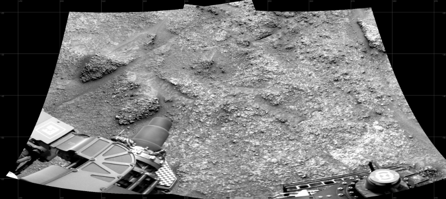 NASA's Mars rover Curiosity took 2 images in Gale Crater using its mast-mounted Right Navigation Camera (Navcam) to create this mosaic. The seam-corrected mosaic provides a 107-degree cylindrical projection panorama of the Martian surface centered at 239 degrees azimuth (measured clockwise from north). Curiosity took the images on October 24, 2022, Sol 3631 of the Mars Science Laboratory mission at drive 2590, site number 97. The local mean solar time for the image exposures was 2 PM. Each Navcam image has a 45 degree field of view. CREDIT: NASA/JPL-Caltech