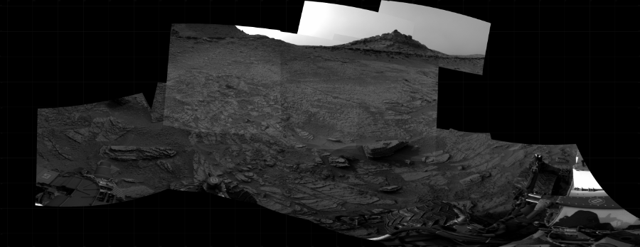 NASA's Mars rover Curiosity took 11 images in Gale Crater using its mast-mounted Right Navigation Camera (Navcam) to create this mosaic. The seam-corrected mosaic provides a 253-degree cylindrical projection panorama of the Martian surface centered at 303 degrees azimuth (measured clockwise from north). Curiosity took the images on October 28, 2022, Sol 3635 of the Mars Science Laboratory mission at drive 3110, site number 97. The local mean solar time for the image exposures was 4 PM. Each Navcam image has a 45 degree field of view. CREDIT: NASA/JPL-Caltech