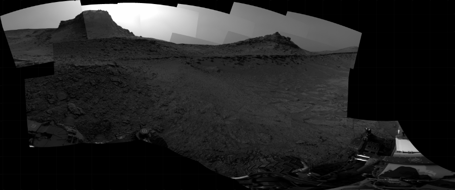 NASA's Mars rover Curiosity took 18 images in Gale Crater using its mast-mounted Right Navigation Camera (Navcam) to create this mosaic. The seam-corrected mosaic provides a 256-degree cylindrical projection panorama of the Martian surface centered at 316 degrees azimuth (measured clockwise from north). Curiosity took the images on October 31, 2022, Sol 3638 of the Mars Science Laboratory mission at drive 0, site number 98. The local mean solar time for the image exposures was from 3 PM to 4 PM. Each Navcam image has a 45 degree field of view. CREDIT: NASA/JPL-Caltech
