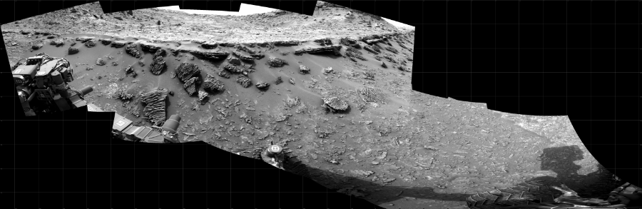 NASA's Mars rover Curiosity took 10 images in Gale Crater using its mast-mounted Right Navigation Camera (Navcam) to create this mosaic. The seam-corrected mosaic provides a 267-degree cylindrical projection panorama of the Martian surface centered at 338 degrees azimuth (measured clockwise from north). Curiosity took the images on November 01, 2022, Sol 3639 of the Mars Science Laboratory mission at drive 138, site number 98. The local mean solar time for the image exposures was 3 PM. Each Navcam image has a 45 degree field of view. CREDIT: NASA/JPL-Caltech