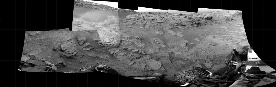 NASA's Mars rover Curiosity took 12 images in Gale Crater using its mast-mounted Right Navigation Camera (Navcam) to create this mosaic. The seam-corrected mosaic provides a 268-degree cylindrical projection panorama of the Martian surface centered at 319 degrees azimuth (measured clockwise from north). Curiosity took the images on November 09, 2022, Sol 3646 of the Mars Science Laboratory mission at drive 800, site number 98. The local mean solar time for the image exposures was 5 PM. Each Navcam image has a 45 degree field of view. CREDIT: NASA/JPL-Caltech