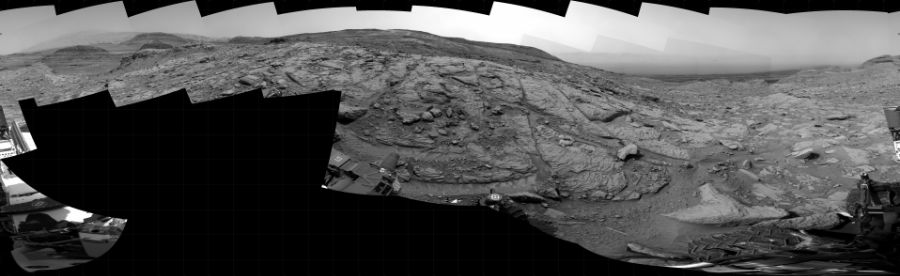NASA's Mars rover Curiosity took 27 images in Gale Crater using its mast-mounted Right Navigation Camera (Navcam) to create this mosaic. The seam-corrected mosaic provides a 360-degree cylindrical projection panorama of the Martian surface centered at 247 degrees azimuth (measured clockwise from north). Curiosity took the images on November 14, 2022, Sol 3651 of the Mars Science Laboratory mission at drive 1292, site number 98. The local mean solar time for the image exposures was from 2 PM to 3 PM. Each Navcam image has a 45 degree field of view. CREDIT: NASA/JPL-Caltech