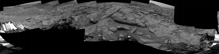 NASA's Mars rover Curiosity took 16 images in Gale Crater using its mast-mounted Right Navigation Camera (Navcam) to create this mosaic. The seam-corrected mosaic provides a 360-degree cylindrical projection panorama of the Martian surface centered at 209 degrees azimuth (measured clockwise from north). Curiosity took the images on November 16, 2022, Sol 3653 of the Mars Science Laboratory mission at drive 1448, site number 98. The local mean solar time for the image exposures was 2 PM. Each Navcam image has a 45 degree field of view. CREDIT: NASA/JPL-Caltech