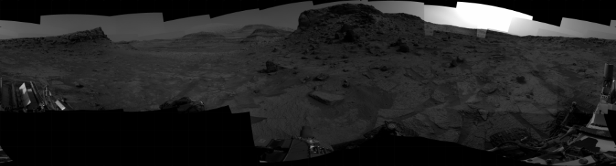 NASA's Mars rover Curiosity took 31 images in Gale Crater using its mast-mounted Right Navigation Camera (Navcam) to create this mosaic. The seam-corrected mosaic provides a 360-degree cylindrical projection panorama of the Martian surface centered at 160 degrees azimuth (measured clockwise from north). Curiosity took the images on November 28, 2022, Sol 3665 of the Mars Science Laboratory mission at drive 2350, site number 98. The local mean solar time for the image exposures was 4 PM. Each Navcam image has a 45 degree field of view. CREDIT: NASA/JPL-Caltech