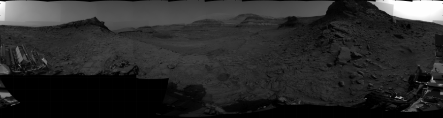 NASA's Mars rover Curiosity took 31 images in Gale Crater using its mast-mounted Right Navigation Camera (Navcam) to create this mosaic. The seam-corrected mosaic provides a 360-degree cylindrical projection panorama of the Martian surface centered at 109 degrees azimuth (measured clockwise from north). Curiosity took the images on November 30, 2022, Sol 3667 of the Mars Science Laboratory mission at drive 2578, site number 98. The local mean solar time for the image exposures was from 3 PM to 4 PM. Each Navcam image has a 45 degree field of view. CREDIT: NASA/JPL-Caltech