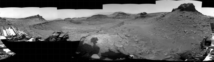 NASA's Mars rover Curiosity took 33 images in Gale Crater using its mast-mounted Right Navigation Camera (Navcam) to create this mosaic. The seam-corrected mosaic provides a 360-degree cylindrical projection panorama of the Martian surface centered at 110 degrees azimuth (measured clockwise from north). Curiosity took the images on December 07, 2022, Sols 3674-3672 of the Mars Science Laboratory mission at drive 2704, site number 98. The local mean solar time for the image exposures was from 3 PM to 4 PM. Each Navcam image has a 45 degree field of view. CREDIT: NASA/JPL-Caltech