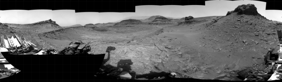 NASA's Mars rover Curiosity took 34 images in Gale Crater using its mast-mounted Right Navigation Camera (Navcam) to create this mosaic. The seam-corrected mosaic provides a 360-degree cylindrical projection panorama of the Martian surface centered at 110 degrees azimuth (measured clockwise from north). Curiosity took the images on December 09, 2022, Sols 3676-3672 of the Mars Science Laboratory mission at drive 2704, site number 98. The local mean solar time for the image exposures was 3 PM. Each Navcam image has a 45 degree field of view. CREDIT: NASA/JPL-Caltech
