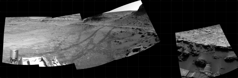 NASA's Mars rover Curiosity took 5 images in Gale Crater using its mast-mounted Right Navigation Camera (Navcam) to create this mosaic. The seam-corrected mosaic provides a 217-degree cylindrical projection panorama of the Martian surface centered at 192 degrees azimuth (measured clockwise from north). Curiosity took the images on December 21, 2022, Sol 3687 of the Mars Science Laboratory mission at drive 0, site number 99. The local mean solar time for the image exposures was 3 PM. Each Navcam image has a 45 degree field of view. CREDIT: NASA/JPL-Caltech