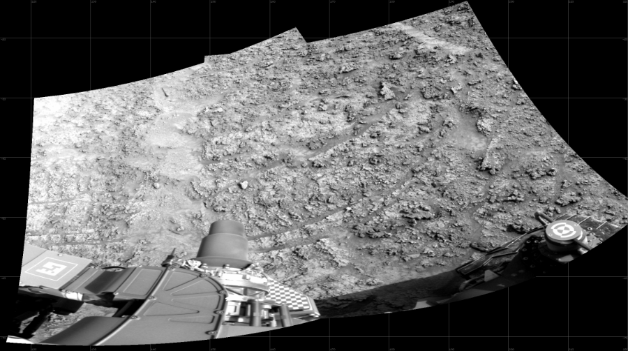 NASA's Mars rover Curiosity took 2 images in Gale Crater using its mast-mounted Right Navigation Camera (Navcam) to create this mosaic. The seam-corrected mosaic provides a 105-degree cylindrical projection panorama of the Martian surface centered at 167 degrees azimuth (measured clockwise from north). Curiosity took the images on January 03, 2023, Sol 3700 of the Mars Science Laboratory mission at drive 398, site number 99. The local mean solar time for the image exposures was 3 PM. Each Navcam image has a 45 degree field of view. CREDIT: NASA/JPL-Caltech