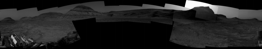 NASA's Mars rover Curiosity took 19 images in Gale Crater using its mast-mounted Right Navigation Camera (Navcam) to create this mosaic. The seam-corrected mosaic provides a 360-degree cylindrical projection panorama of the Martian surface centered at 191 degrees azimuth (measured clockwise from north). Curiosity took the images on January 11, 2023, Sol 3708 of the Mars Science Laboratory mission at drive 1450, site number 99. The local mean solar time for the image exposures was 4 PM. Each Navcam image has a 45 degree field of view. CREDIT: NASA/JPL-Caltech