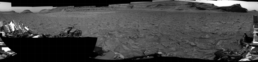 NASA's Mars rover Curiosity took 19 images in Gale Crater using its mast-mounted Right Navigation Camera (Navcam) to create this mosaic. The seam-corrected mosaic provides a 360-degree cylindrical projection panorama of the Martian surface centered at 161 degrees azimuth (measured clockwise from north). Curiosity took the images on January 24, 2023, Sol 3721 of the Mars Science Laboratory mission at drive 1850, site number 99. The local mean solar time for the image exposures was from 2 PM to 3 PM. Each Navcam image has a 45 degree field of view. CREDIT: NASA/JPL-Caltech