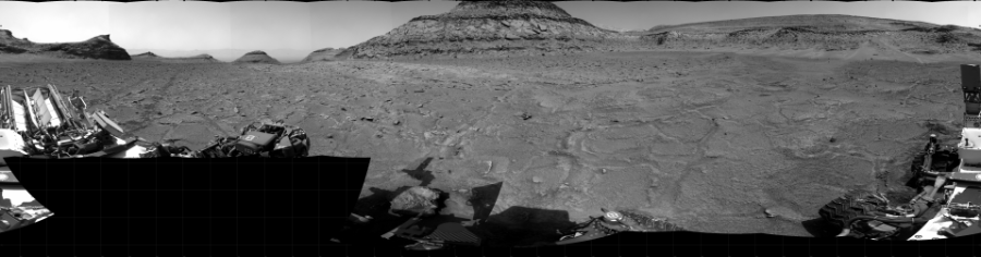 NASA's Mars rover Curiosity took 31 images in Gale Crater using its mast-mounted Right Navigation Camera (Navcam) to create this mosaic. The seam-corrected mosaic provides a 360-degree cylindrical projection panorama of the Martian surface centered at 103 degrees azimuth (measured clockwise from north). Curiosity took the images on January 28, 2023, Sol 3724 of the Mars Science Laboratory mission at drive 2030, site number 99. The local mean solar time for the image exposures was from 2 PM to 3 PM. Each Navcam image has a 45 degree field of view. CREDIT: NASA/JPL-Caltech