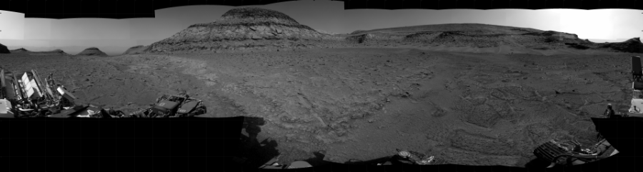 NASA's Mars rover Curiosity took 31 images in Gale Crater using its mast-mounted Right Navigation Camera (Navcam) to create this mosaic. The seam-corrected mosaic provides a 360-degree cylindrical projection panorama of the Martian surface centered at 145 degrees azimuth (measured clockwise from north). Curiosity took the images on January 31, 2023, Sol 3727 of the Mars Science Laboratory mission at drive 2090, site number 99. The local mean solar time for the image exposures was from 3 PM to 4 PM. Each Navcam image has a 45 degree field of view. CREDIT: NASA/JPL-Caltech