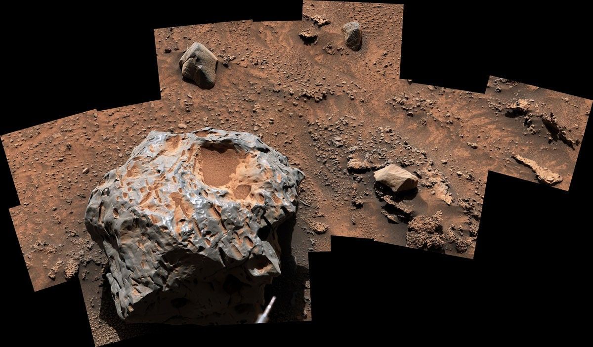 NASA's Curiosity Mars rover captured this iron-nickel meteorite nicknamed Cacao on Jan, 28, 2023. This meteorite is estimated to be about 1 foot (30 centimeters) across.