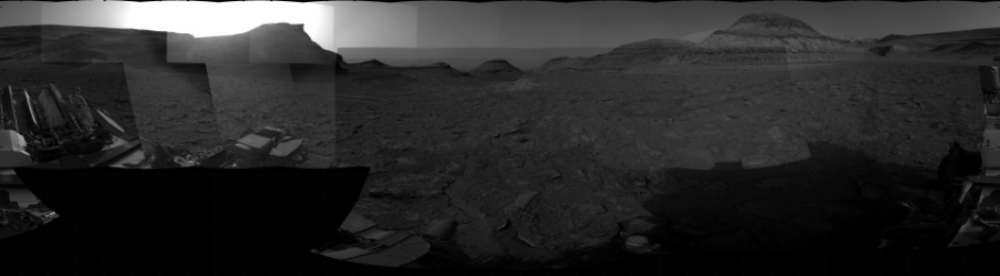 NASA's Mars rover Curiosity took 31 images in Gale Crater using its mast-mounted Right Navigation Camera (Navcam) to create this mosaic. The seam-corrected mosaic provides a 360-degree cylindrical projection panorama of the Martian surface centered at 23 degrees azimuth (measured clockwise from north). Curiosity took the images on February 06, 2023, Sol 3733 of the Mars Science Laboratory mission at drive 0, site number 100. The local mean solar time for the image exposures was from 4 PM to 5 PM. Each Navcam image has a 45 degree field of view. CREDIT: NASA/JPL-Caltech