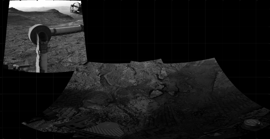 NASA's Mars rover Curiosity took 3 images in Gale Crater using its mast-mounted Right Navigation Camera (Navcam) to create this mosaic. The seam-corrected mosaic provides a 160-degree cylindrical projection panorama of the Martian surface centered at 48 degrees azimuth (measured clockwise from north). Curiosity took the images on February 08, 2023, Sol 3735 of the Mars Science Laboratory mission at drive 84, site number 100. The local mean solar time for the image exposures was 5 PM. Each Navcam image has a 45 degree field of view. CREDIT: NASA/JPL-Caltech