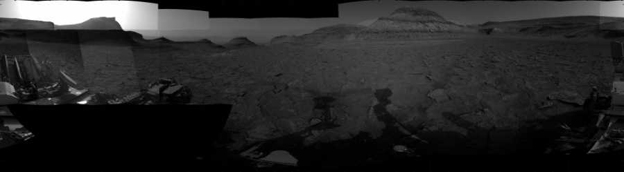 NASA's Mars rover Curiosity took 34 images in Gale Crater using its mast-mounted Right Navigation Camera (Navcam) to create this mosaic. The seam-corrected mosaic provides a 360-degree cylindrical projection panorama of the Martian surface centered at 62 degrees azimuth (measured clockwise from north). Curiosity took the images on February 10, 2023, Sols 3737-3735 of the Mars Science Laboratory mission at drive 84, site number 100. The local mean solar time for the image exposures was from 4 PM to 5 PM. Each Navcam image has a 45 degree field of view. CREDIT: NASA/JPL-Caltech