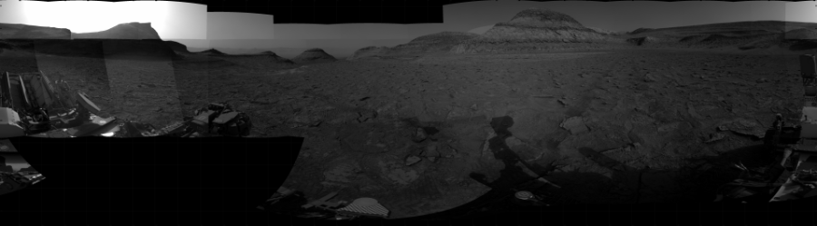 NASA's Mars rover Curiosity took 35 images in Gale Crater using its mast-mounted Right Navigation Camera (Navcam) to create this mosaic. The seam-corrected mosaic provides a 360-degree cylindrical projection panorama of the Martian surface centered at 62 degrees azimuth (measured clockwise from north). Curiosity took the images on February 15, 2023, Sols 3742-3735 of the Mars Science Laboratory mission at drive 84, site number 100. The local mean solar time for the image exposures was from 1 PM to 5 PM. Each Navcam image has a 45 degree field of view. CREDIT: NASA/JPL-Caltech
