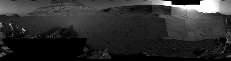 NASA's Mars rover Curiosity took 31 images in Gale Crater using its mast-mounted Right Navigation Camera (Navcam) to create this mosaic. The seam-corrected mosaic provides a 360-degree cylindrical projection panorama of the Martian surface centered at 171 degrees azimuth (measured clockwise from north). Curiosity took the images on February 17, 2023, Sol 3744 of the Mars Science Laboratory mission at drive 696, site number 100. The local mean solar time for the image exposures was 5 PM. Each Navcam image has a 45 degree field of view. CREDIT: NASA/JPL-Caltech