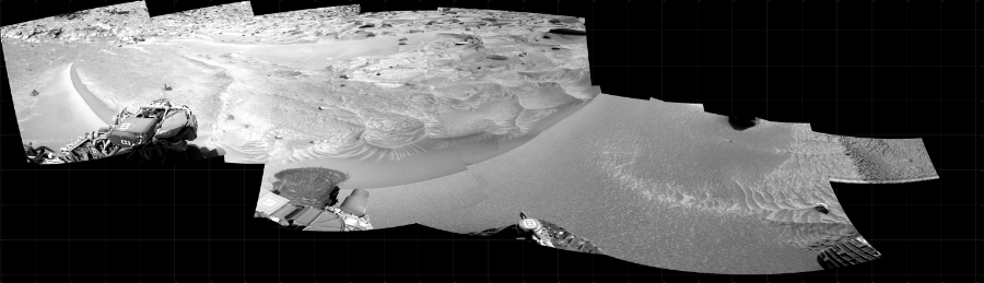 NASA's Mars rover Curiosity took 10 images in Gale Crater using its mast-mounted Right Navigation Camera (Navcam) to create this mosaic. The seam-corrected mosaic provides a 282-degree cylindrical projection panorama of the Martian surface centered at 191 degrees azimuth (measured clockwise from north). Curiosity took the images on February 21, 2023, Sol 3748 of the Mars Science Laboratory mission at drive 922, site number 100. The local mean solar time for the image exposures was from 3 PM to 4 PM. Each Navcam image has a 45 degree field of view. CREDIT: NASA/JPL-Caltech