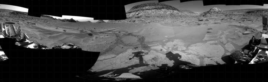NASA's Mars rover Curiosity took 24 images in Gale Crater using its mast-mounted Right Navigation Camera (Navcam) to create this mosaic. The seam-corrected mosaic provides a 360-degree cylindrical projection panorama of the Martian surface centered at 57 degrees azimuth (measured clockwise from north). Curiosity took the images on February 23, 2023, Sols 3750-3749 of the Mars Science Laboratory mission at drive 1084, site number 100. The local mean solar time for the image exposures was 3 PM. Each Navcam image has a 45 degree field of view. CREDIT: NASA/JPL-Caltech