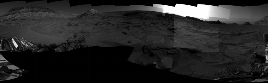 NASA's Mars rover Curiosity took 29 images in Gale Crater using its mast-mounted Right Navigation Camera (Navcam) to create this mosaic. The seam-corrected mosaic provides a 360-degree cylindrical projection panorama of the Martian surface centered at 221 degrees azimuth (measured clockwise from north). Curiosity took the images on March 17, 2023, Sol 3771 of the Mars Science Laboratory mission at drive 1168, site number 100. The local mean solar time for the image exposures was 4 PM. Each Navcam image has a 45 degree field of view. CREDIT: NASA/JPL-Caltech
