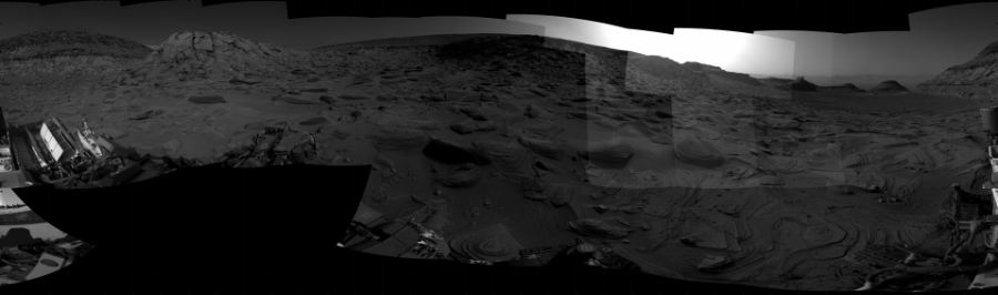 NASA's Mars rover Curiosity took 31 images in Gale Crater using its mast-mounted Right Navigation Camera (Navcam) to create this mosaic. The seam-corrected mosaic provides a 360-degree cylindrical projection panorama of the Martian surface centered at 232 degrees azimuth (measured clockwise from north). Curiosity took the images on March 24, 2023, Sol 3778 of the Mars Science Laboratory mission at drive 1754, site number 100. The local mean solar time for the image exposures was from 3 PM to 4 PM. Each Navcam image has a 45 degree field of view. CREDIT: NASA/JPL-Caltech