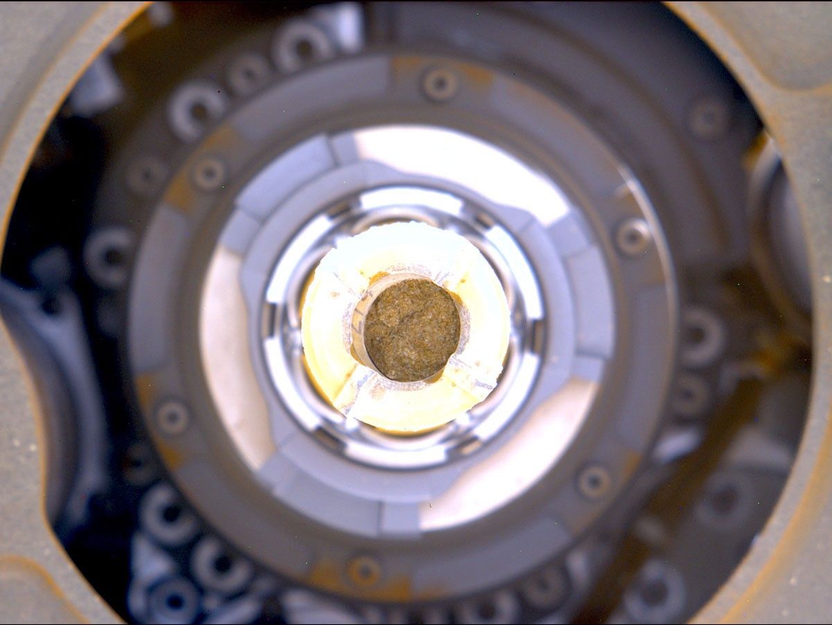 This image shows the rock core from “Berea” inside inside the drill of NASA’s Perseverance Mars rover. Each core the rover takes is about the size of a piece of classroom chalk: 0.5 inches (13 millimeters) in diameter and 2.4 inches (60 millimeters) long.
