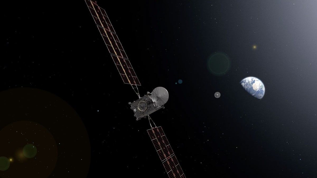 Illustration of the Earth Return Orbiter (ERO), one of the flight missions making up the Mars Sample Return campaign to bring martian rock and atmospheric samples back to Earth.