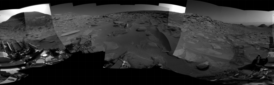 NASA's Mars rover Curiosity took 51 images in Gale Crater using its mast-mounted Right Navigation Camera (Navcam) to create this mosaic. The seam-corrected mosaic provides a 360-degree cylindrical projection panorama of the Martian surface centered at 207 degrees azimuth (measured clockwise from north). Curiosity took the images on April 09, 2023, Sols 3794-3783 of the Mars Science Laboratory mission at drive 2208, site number 100. The local mean solar time for the image exposures was from 9 AM to 4 PM. Each Navcam image has a 45 degree field of view. CREDIT: NASA/JPL-Caltech
