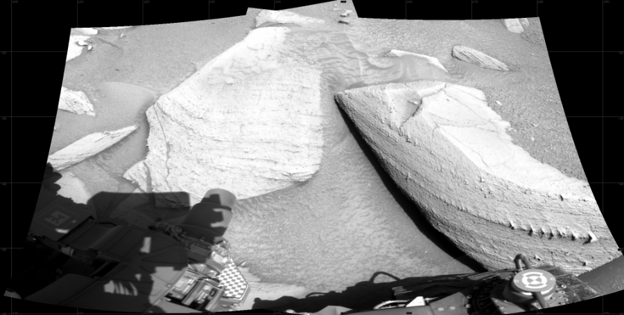 NASA's Mars rover Curiosity took 2 images in Gale Crater using its mast-mounted Right Navigation Camera (Navcam) to create this mosaic. The seam-corrected mosaic provides a 95-degree cylindrical projection panorama of the Martian surface centered at 146 degrees azimuth (measured clockwise from north). Curiosity took the images on April 13, 2023, Sol 3797 of the Mars Science Laboratory mission at drive 2574, site number 100. The local mean solar time for the image exposures was 2 PM. Each Navcam image has a 45 degree field of view. CREDIT: NASA/JPL-Caltech