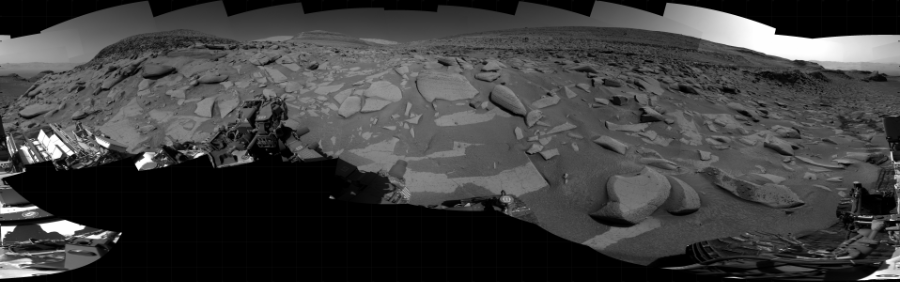 NASA's Mars rover Curiosity took 31 images in Gale Crater using its mast-mounted Right Navigation Camera (Navcam) to create this mosaic. The seam-corrected mosaic provides a 360-degree cylindrical projection panorama of the Martian surface centered at 171 degrees azimuth (measured clockwise from north). Curiosity took the images on April 15, 2023, Sol 3799 of the Mars Science Laboratory mission at drive 2712, site number 100. The local mean solar time for the image exposures was 2 PM. Each Navcam image has a 45 degree field of view. CREDIT: NASA/JPL-Caltech
