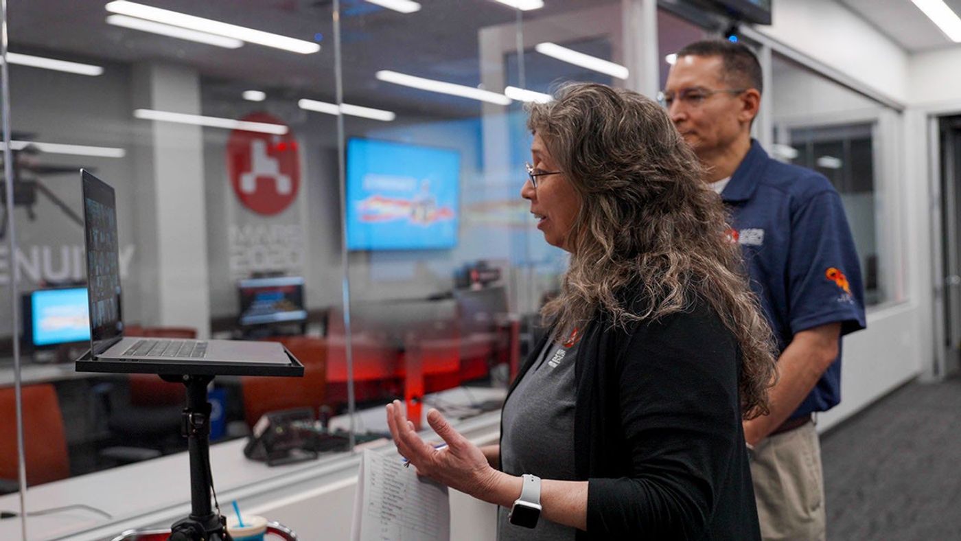 Mars Perseverance rover team members Nagin Cox and Steve Lee interact virtually with students honored for overcoming academic challenges, during a live "You've Got Perseverance" webinar on April 4, 2023, from the rover's mission control area at NASA's Jet Propulsion Laboratory in Southern California.