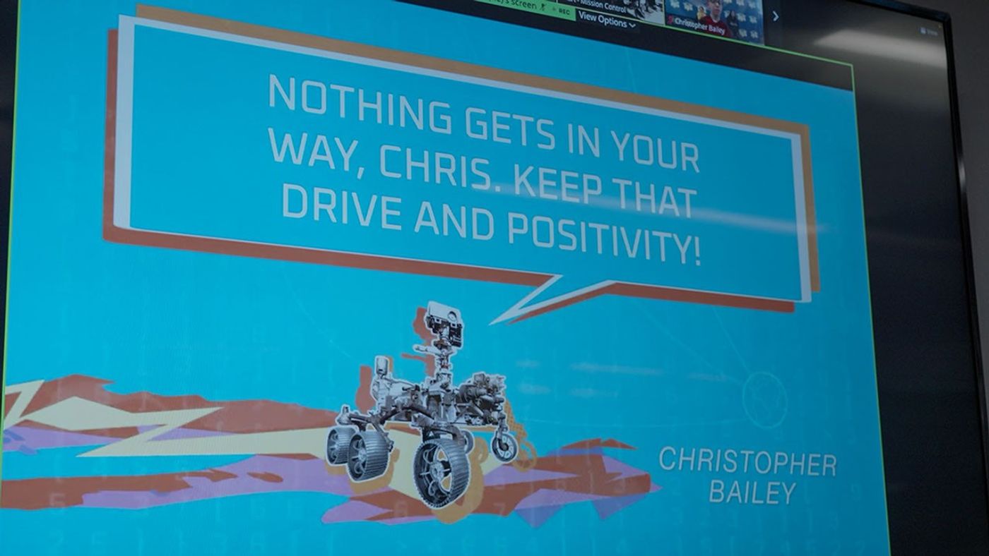 This is one of 11 digital messages beamed from Mars to students who have overcome academic challenges, on April 4, 2023.