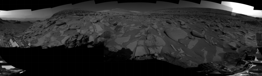 NASA's Mars rover Curiosity took 31 images in Gale Crater using its mast-mounted Right Navigation Camera (Navcam) to create this mosaic. The seam-corrected mosaic provides a 360-degree cylindrical projection panorama of the Martian surface centered at 137 degrees azimuth (measured clockwise from north). Curiosity took the images on April 19, 2023, Sol 3803 of the Mars Science Laboratory mission at drive 66, site number 101. The local mean solar time for the image exposures was from 2 PM to 3 PM. Each Navcam image has a 45 degree field of view. CREDIT: NASA/JPL-Caltech