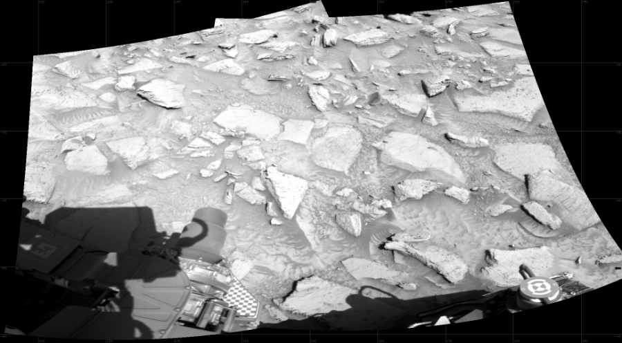 NASA's Mars rover Curiosity took 2 images in Gale Crater using its mast-mounted Right Navigation Camera (Navcam) to create this mosaic. The seam-corrected mosaic provides a 92-degree cylindrical projection panorama of the Martian surface centered at 150 degrees azimuth (measured clockwise from north). Curiosity took the images on April 21, 2023, Sol 3805 of the Mars Science Laboratory mission at drive 198, site number 101. The local mean solar time for the image exposures was 2 PM. Each Navcam image has a 45 degree field of view. CREDIT: NASA/JPL-Caltech