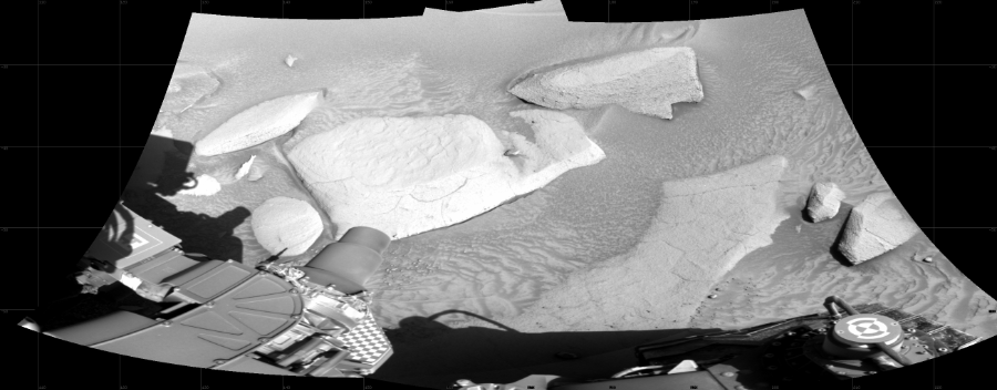 NASA's Mars rover Curiosity took 2 images in Gale Crater using its mast-mounted Right Navigation Camera (Navcam) to create this mosaic. The seam-corrected mosaic provides a 122-degree cylindrical projection panorama of the Martian surface centered at 167 degrees azimuth (measured clockwise from north). Curiosity took the images on April 24, 2023, Sol 3808 of the Mars Science Laboratory mission at drive 324, site number 101. The local mean solar time for the image exposures was 2 PM. Each Navcam image has a 45 degree field of view. CREDIT: NASA/JPL-Caltech