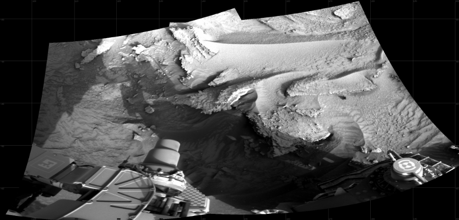 NASA's Mars rover Curiosity took 2 images in Gale Crater using its mast-mounted Right Navigation Camera (Navcam) to create this mosaic. The seam-corrected mosaic provides a 109-degree cylindrical projection panorama of the Martian surface centered at 147 degrees azimuth (measured clockwise from north). Curiosity took the images on April 26, 2023, Sol 3810 of the Mars Science Laboratory mission at drive 522, site number 101. The local mean solar time for the image exposures was 5 PM. Each Navcam image has a 45 degree field of view. CREDIT: NASA/JPL-Caltech